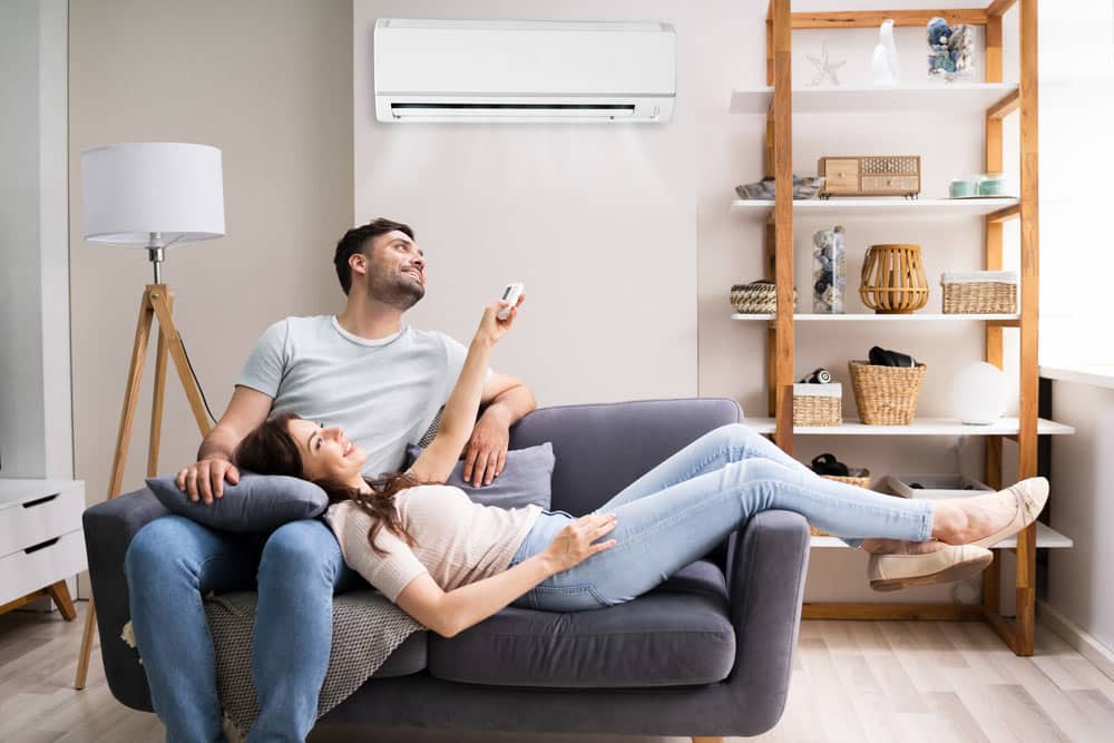 Woman Using Air Conditioner With Remote